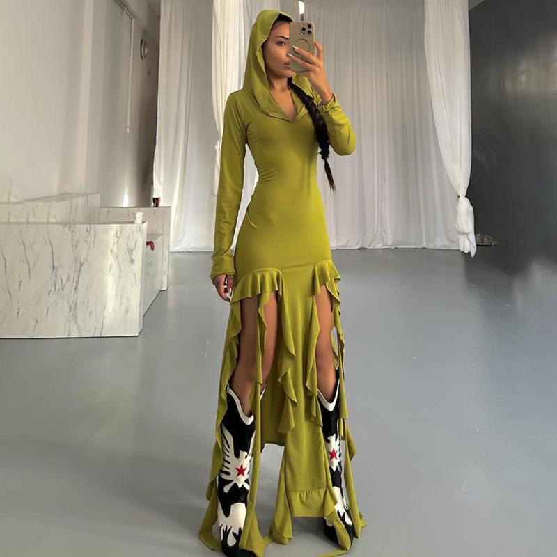 Damen Langarm Maxikleid mit Kapuze und Rüschendetails EB