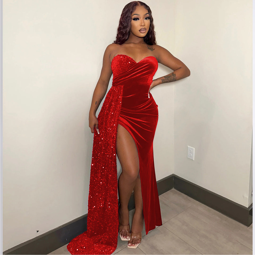 Damen Glamouröses Abendkleid mit schimmerndem Satin und hohem Schlitz EB