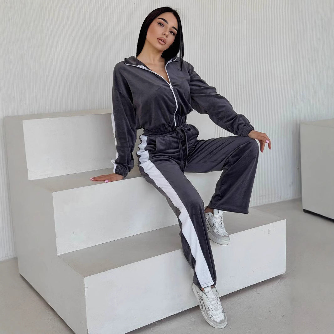 Damen weiches Samt Trainingsanzug Set mit Reißverschlussjacke und elastischer Tunnelzughose EB