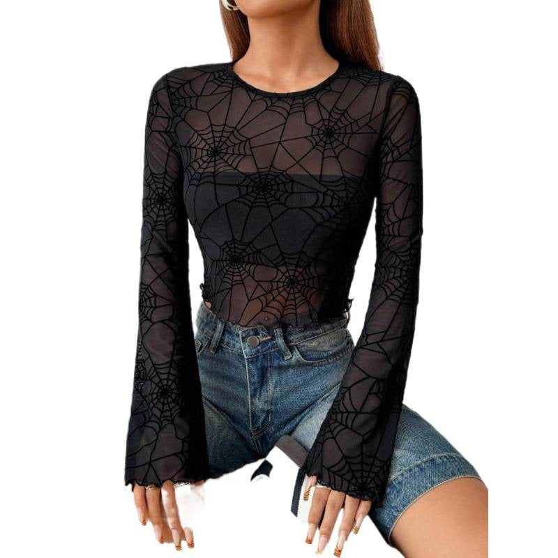 Damen Transparente Langarmbluse mit Spinnenmotiv EB