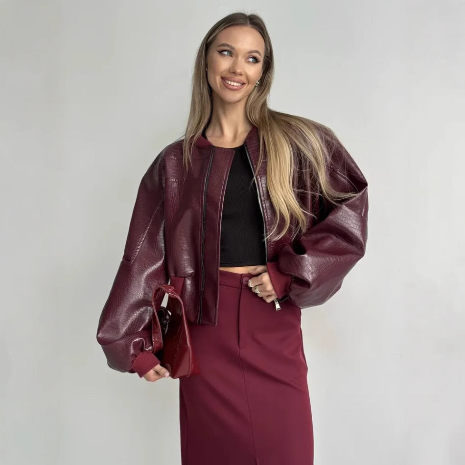 Damen trendige cropped Kunstlederjacke mit voluminösen Ärmeln EB