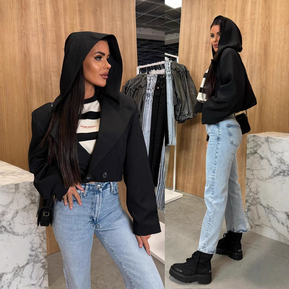 Damen Modische Jacke mit Kapuze und doppelter Knopfleiste EB