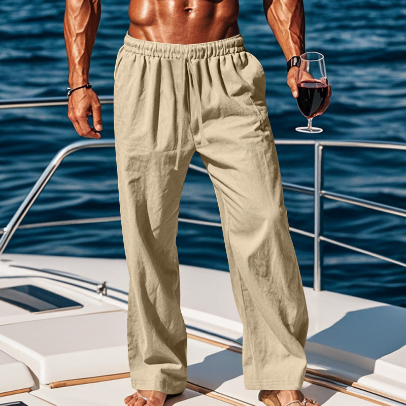 Herren nan weite Leinen-Loungehose mit elastischem Tunnelzugbund, Kordelzug und geradem Bein EB