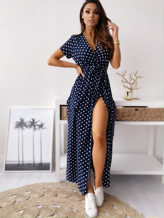Damen Maxikleid mit Polka-Dots und verstellbarem Taillengürtel EB