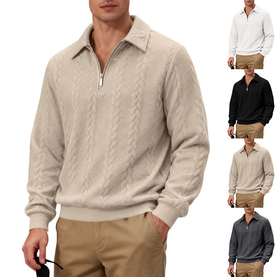 Herren nan strukturierter Strickpullover mit halbem Reißverschluss, Polokragen und Zopfmuster EB