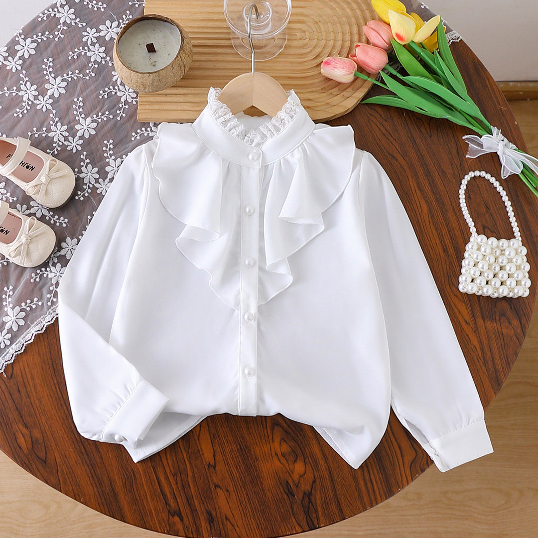 Mädchen elegante Rüschenbluse mit Kragen und dazu passendem Faltenrock EB