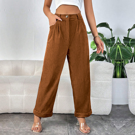 Damen hochgeschnittene Cordhose mit weitem Bein, Bundfalten und umgeschlagenem Saum Eichborn Berlin