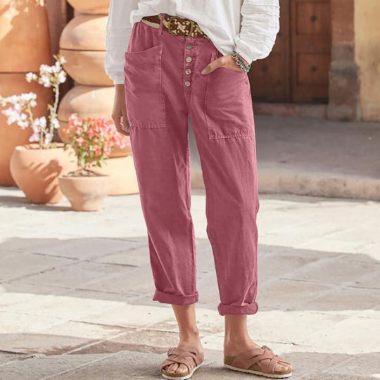 Damen nan Leinen-Baumwoll-Loungehose mit weitem Schnitt, hoher Bund und aufgesetzten Taschen EB