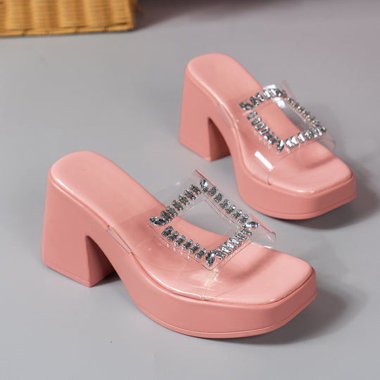 Damen luxuriöse Plateau-Pantoletten mit glitzerndem Schmuckdetail EB
