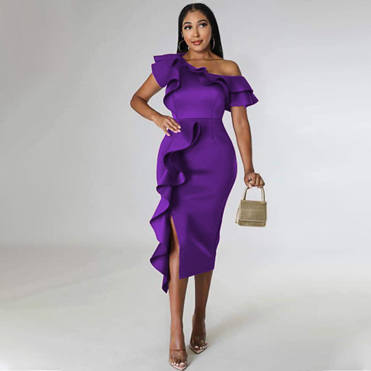 Damen Elegantes Etuikleid mit asymmetrischem Rüschendesign EB