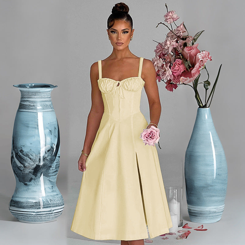 Damen raffinierte Midi-Robe mit tiefem Schlitz und Rüschendetails EB