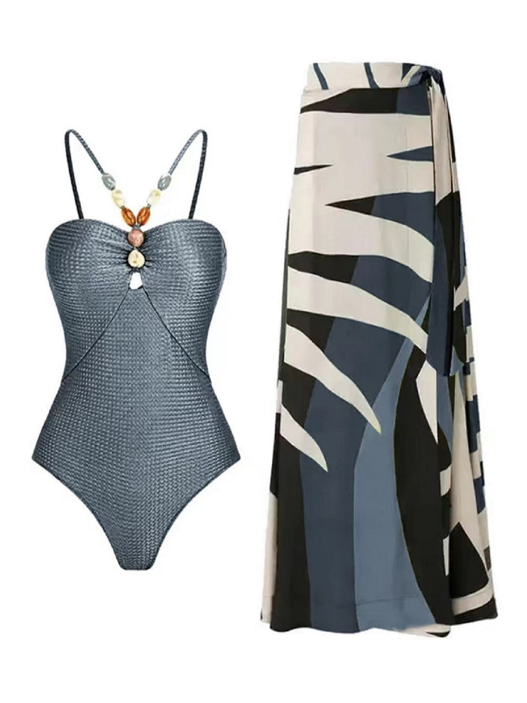 Damen Badeanzug mit elegantem Wickelrock und modischen Schmuckdetails EB