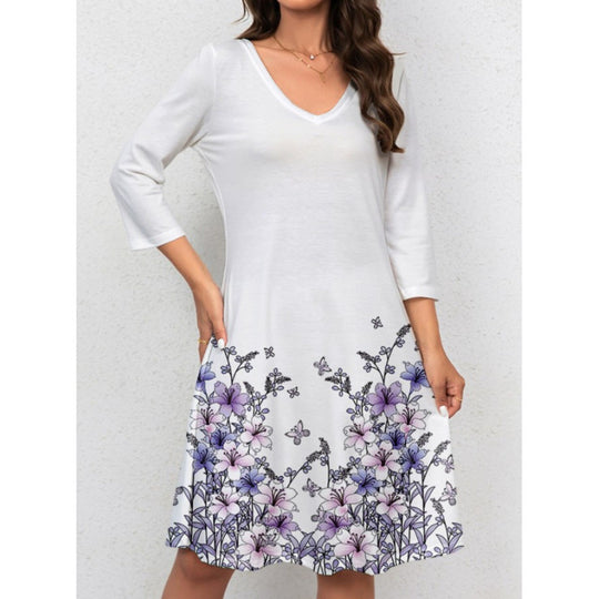 Damen V-Ausschnitt Sommerkleid mit floralem Aquarell-Design und ¾-Ärmeln EB