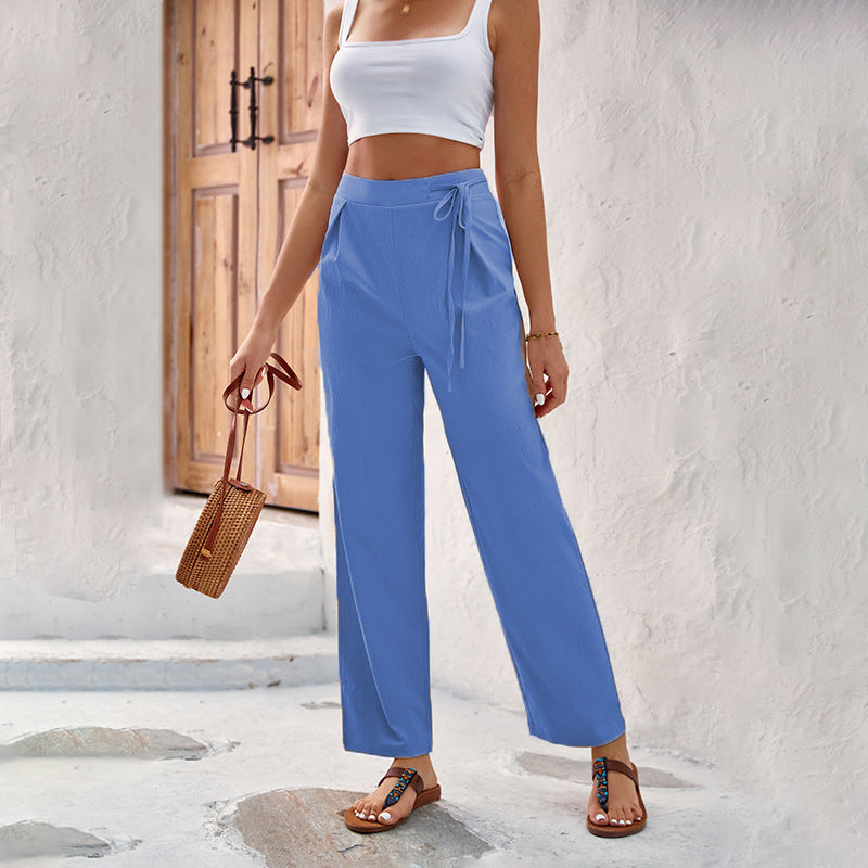 Damen Weitgeschnittene Sommerhose mit elastischem Bund und bindbarem Gürtel EB