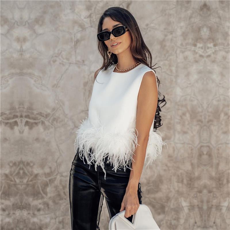 Damen Elegantes Top mit Federn und Rundhalsausschnitt EB