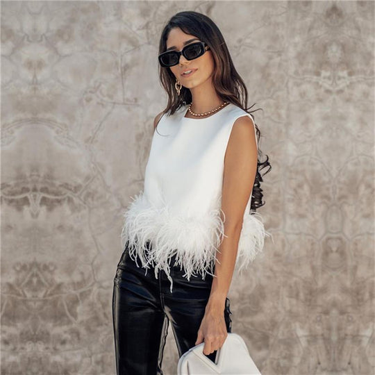Damen Elegantes Top mit Federn und Rundhalsausschnitt EB