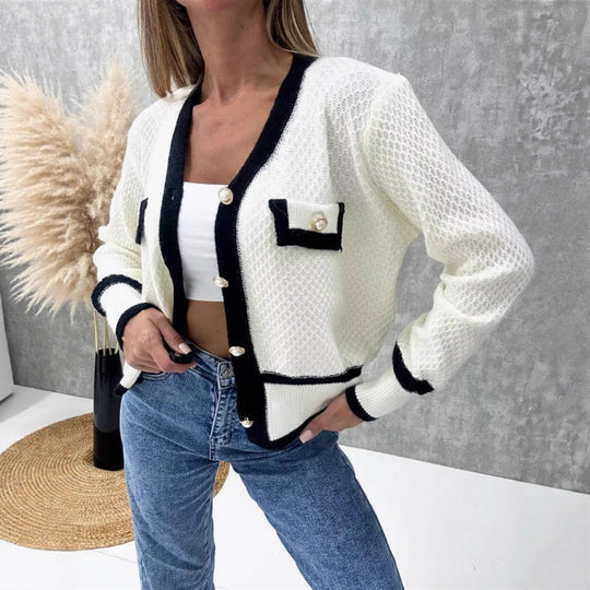 Damen Elegante Strickjacke mit Perlenknöpfen und Kontrastdetails EB