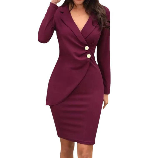 Damen elegantes Wickelkleid mit Knopfdetails und tiefem V-Ausschnitt EB