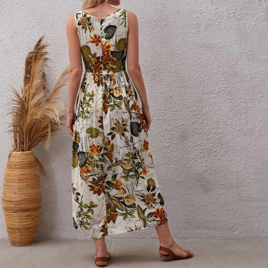 Damen Maxikleid mit floralen Mustern und Taillengürtel EB