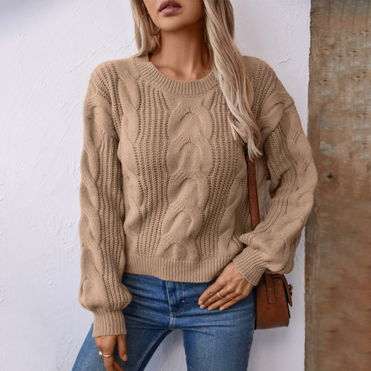 Damen grob gestrickter Pullover mit voluminösen Ärmeln und Zopfmuster EB