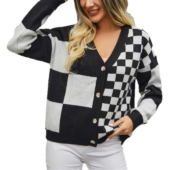 Damen modischer V-Ausschnitt Cardigan mit Karomuster EB