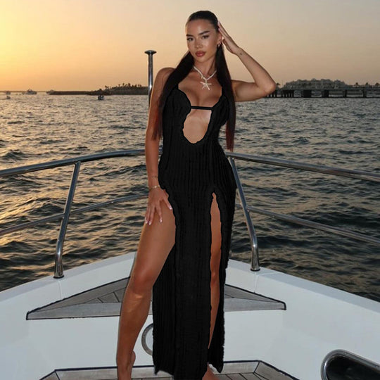 Damen Raffiniertes Strandkleid mit tiefem Ausschnitt und seitlichem Schlitz EB