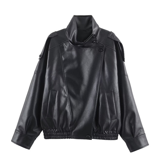 Damen nan oversized Bikerjacke Kunstlederoptik mit hohem Stehkragen, asymmetrischer Druckknopffront, Schulterriegeln und elastischem Saum EB