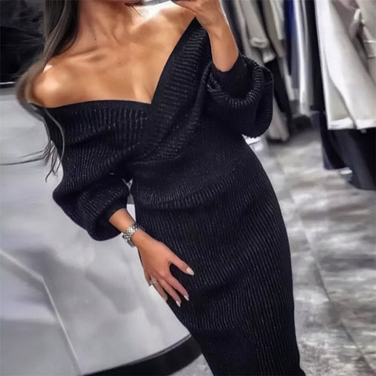 Damen Strickkleid mit tiefem V-Ausschnitt und schulterfreien Ärmeln EB