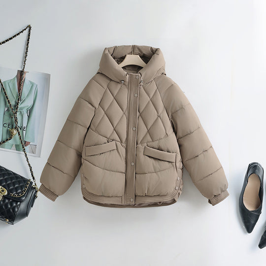 Damen nan gesteppte Kapuzen-Kurzjacke mit Karree-Steppung, geripptem Saum und verdeckter Druckknopfleiste EB