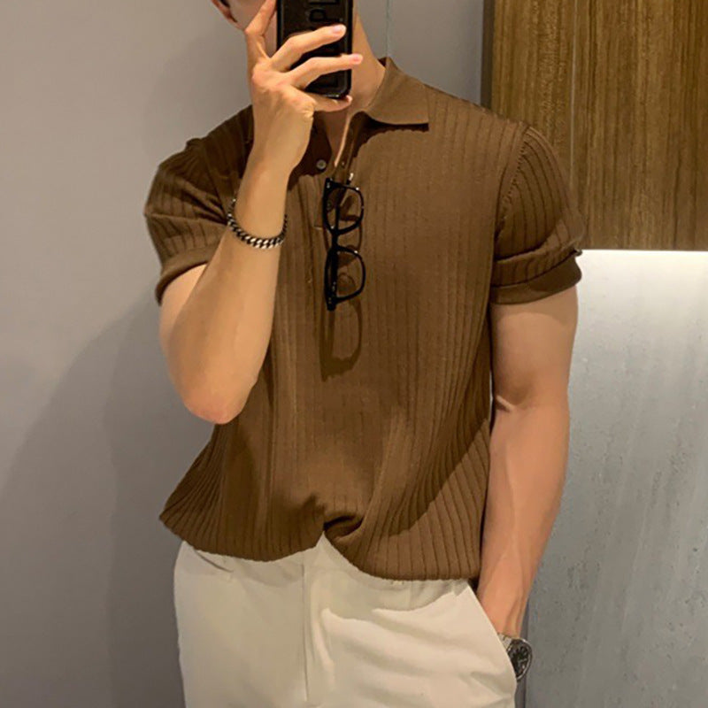 Herren nan schmal geschnittenes geripptes Poloshirt aus Feinstrick mit Kurzarm und Polokragen EB