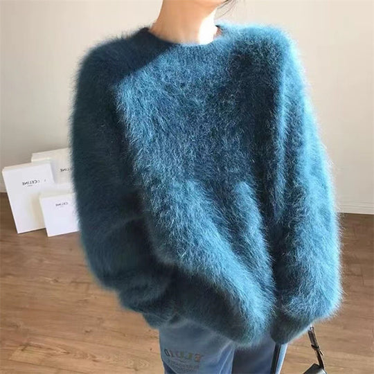 Damen Flauschiger Rundhals-Pullover mit lässigem Schnitt und oversized Passform EB