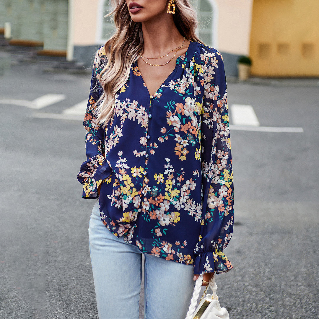 Damen nan Chiffon-Bluse mit floralem Alloverprint, V-Ausschnitt, Knopfleiste und gebundenen Manschetten EB