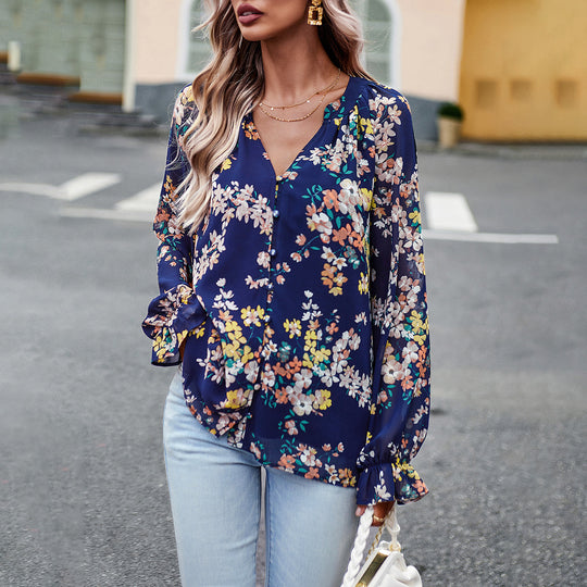 Damen nan Chiffon-Bluse mit floralem Alloverprint, V-Ausschnitt, Knopfleiste und gebundenen Manschetten EB