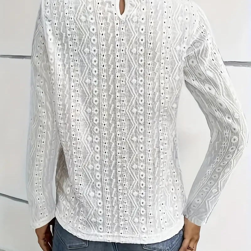 Damen elegante Bluse mit Spitzeneinsätzen und detailliertem Lochmuster EB
