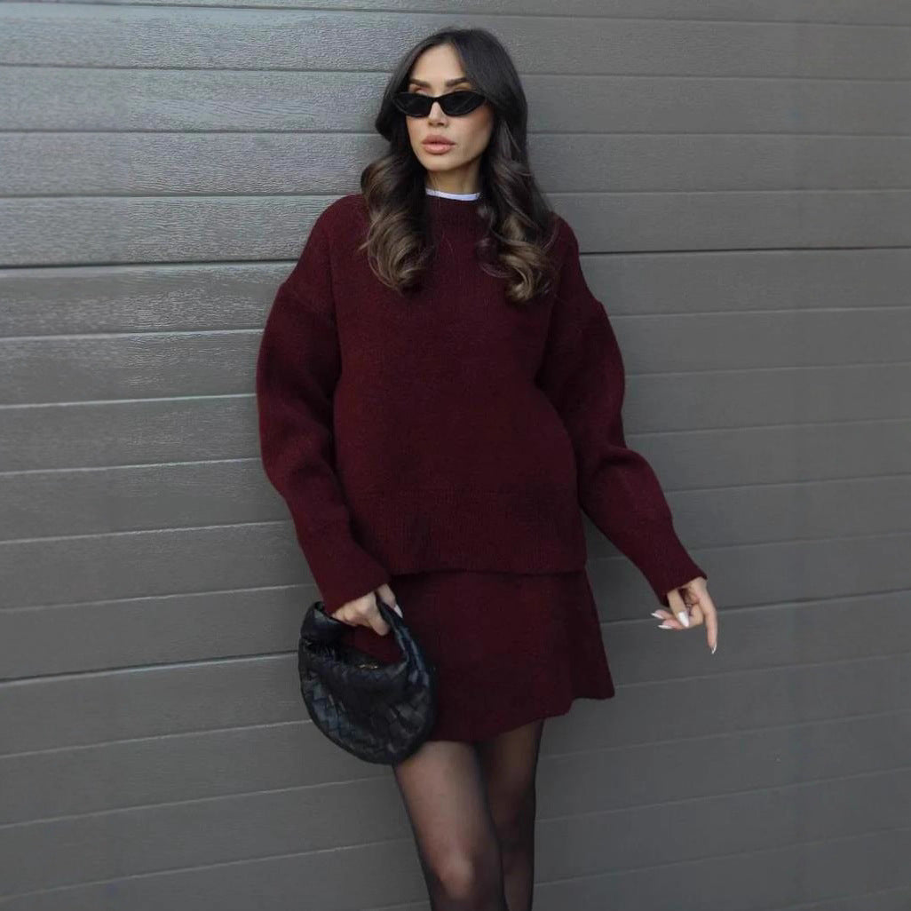 Damen kuscheliges Strickensemble mit hochgeschlossenem Design und ausgestelltem Rock EB
