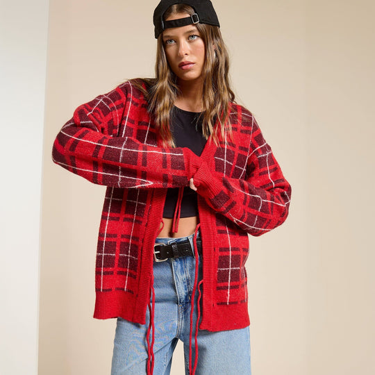 Damen Oversize Karierter Strickcardigan mit Bindegürtel & aufgesetzten Taschen EB