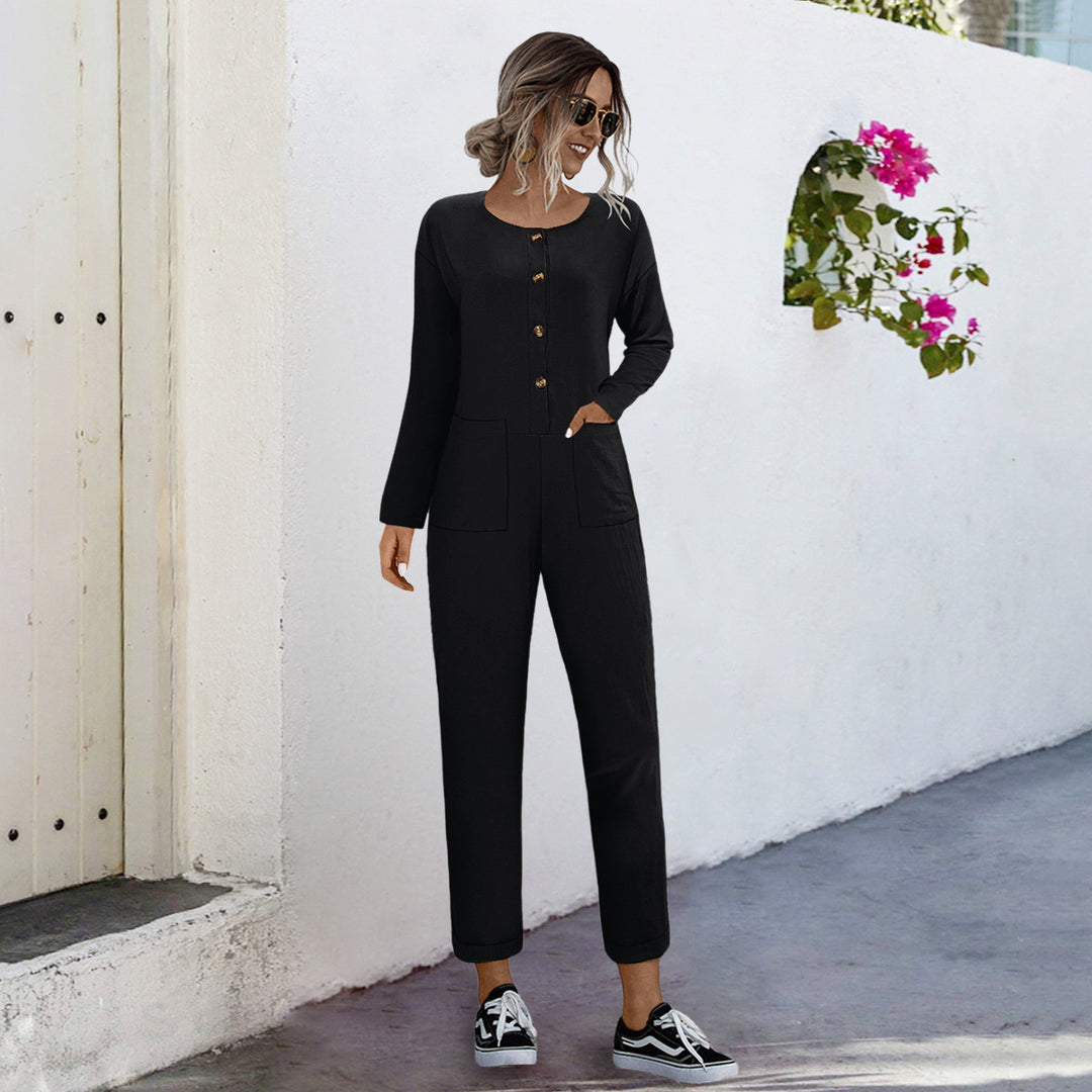 Damen lässiger Jumpsuit mit praktischen Taschen und elegantem Knopfdesign EB