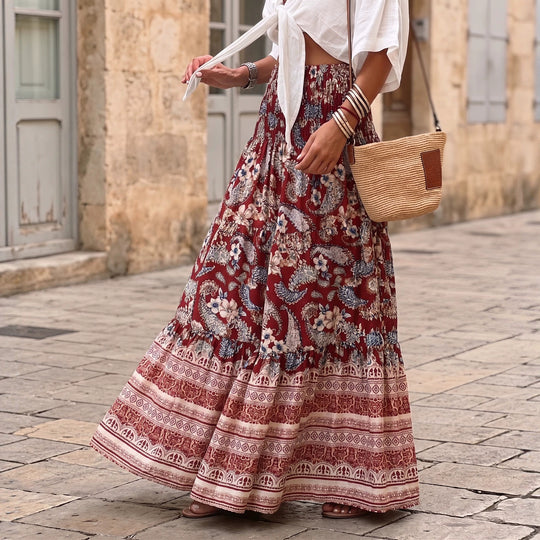Damen nan gestufter Maxirock mit floralem Print, elastischem Smockbund und Volantkanten EB