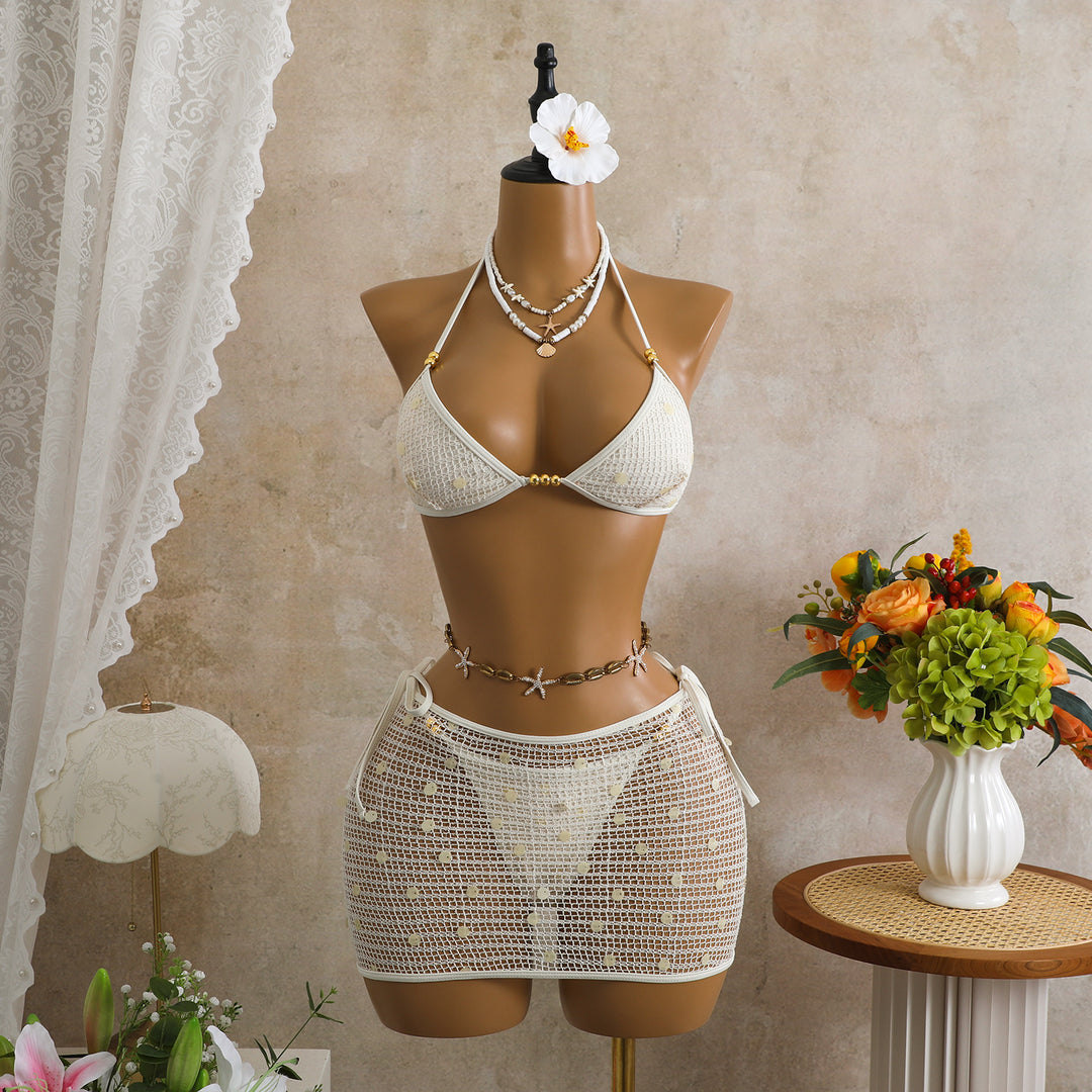 Damen Triangel-Bikini mit transparentem Überrock und funkelnden Details EB