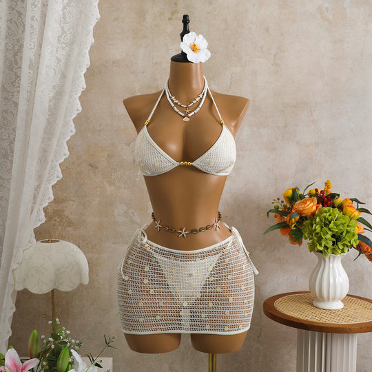 Damen Triangel-Bikini mit transparentem Überrock und funkelnden Details EB