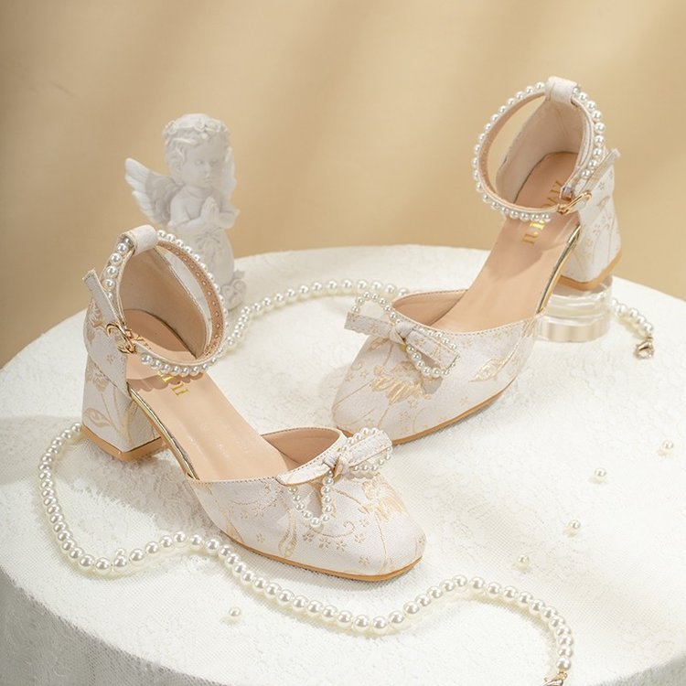 Damen elegante Pumps mit zierlichem Schleifenakzent und perlverziertem Riemen EB