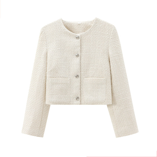 Damen elegante Kurzjacke im strukturierten Tweed-Stil mit praktischen Taschen EB
