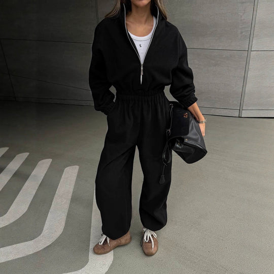 Damen Lässiger Fleece-Hausanzug mit Zip-Kapuze und elastischem Taillenbund EB