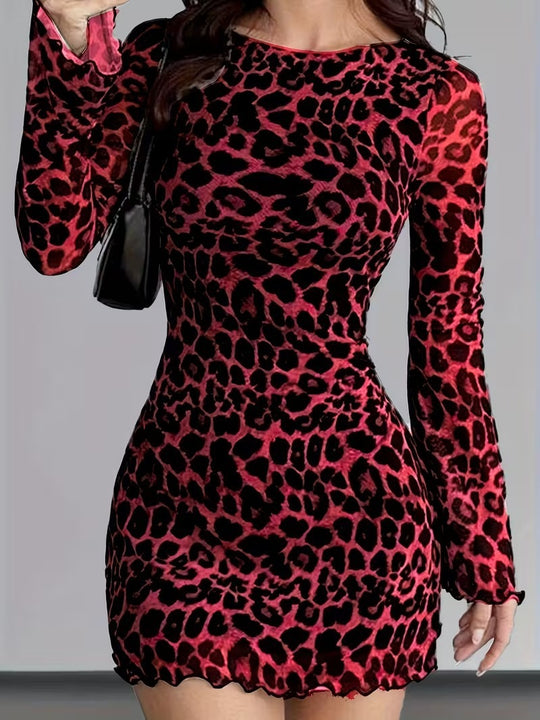 Damen nan figurbetontes Mesh-Minikleid mit Leopardenmuster, langärmligem Bodycon-Schnitt und gewelltem Saum EB
