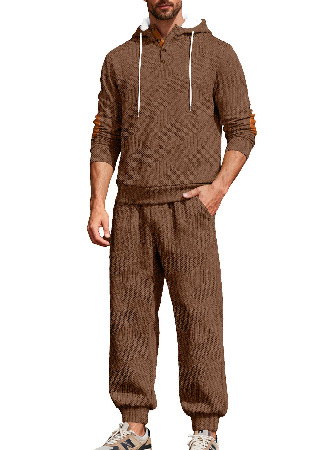 Herren nan strukturiertes Kapuzen-Joggingset mit Henley-Knopfleiste und Kontrast-Ellenbogenpatches EB