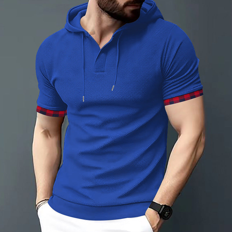 Herren nan figurbetontes Kurzarm-Kapuzenpoloshirt mit Henley-Blende und Kordelzug EB