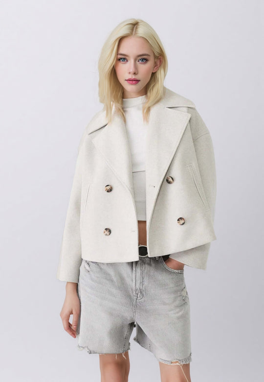 Damen nan kurzes doppeltreihiges Wollmix-Manteljacke im Boxy-Cut mit weitem Reverskragen EB