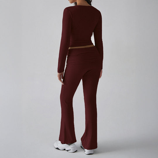 Damen nan figurbetontes Cropped-Set mit langärmeligem Top mit quadratischem Ausschnitt und ausgestellter High‑Waist Yoga-Hose EB