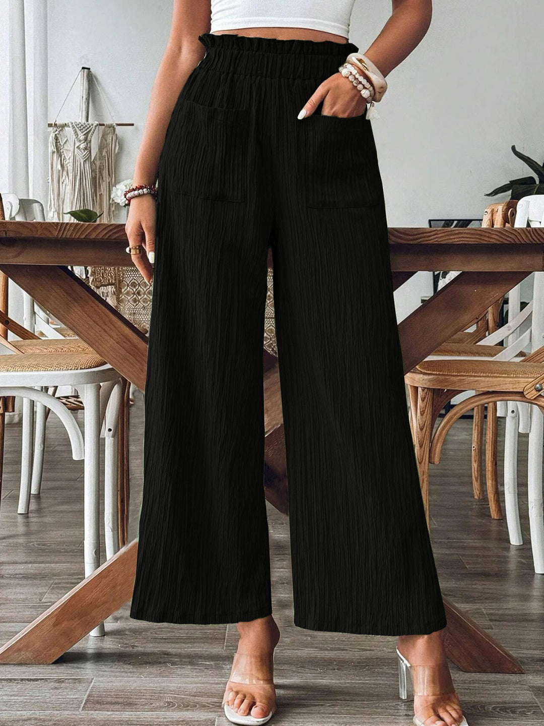 Damen Weitgeschnittene Leinenhose mit elastischem Bund und praktischen Taschen EB