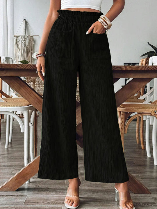 Damen Weitgeschnittene Leinenhose mit elastischem Bund und praktischen Taschen EB
